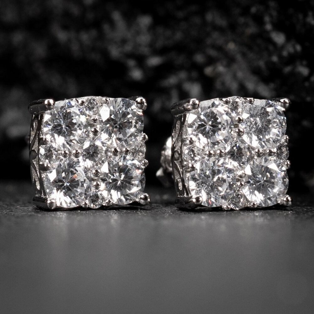 Square Flower Cluster White Gold Plated Sterling Silver Stud Screw Back Earrings